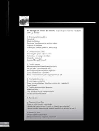 UniversidadeAbertadoBrasil
50
UNIDADE 2
1º. Exemplo de roteiro de resenha, sugerido por Marconi e Lakatos
(2001, p. 91-92):
1. Referência bibliográfica:
Autor(es)
Título (subtítulo)
Imprensa (local de edição, editora, data)
Número de páginas
Ilustrações (tabelas, gráficos, fotos, etc.)
2. Credenciais do autor:
Informações gerais sobre o autor
Autoridade no campo científico
Quem fez o estudo?
Quando? Por quê? Onde?
3. Conhecimento:
Resumo detalhado das ideias principais
De que trata a obra? O que diz?
Possui alguma característica especial?
Como foi abordado o assunto?
Exige conhecimentos prévios para entendê-la?
4. Conclusão do autor:
O autor traz conclusões?
Onde foram colocadas? (final do livro ou dos capítulos?)
Quais foram?
5. Quadro de referências do autor:
Modelo teórico
Que teoria serviu de embasamento?
Qual o método utilizado?
6. Apreciação:
a) Julgamento da obra:
Como se situa o autor em relação:
- às escolas ou correntes científicas, filosóficas, culturais?
- às circunstâncias culturais, sociais, econômicas, históricas, etc.?
b) Mérito da obra:
Qual a contribuição dada?
Ideias verdadeiras, originais, criativas?
 