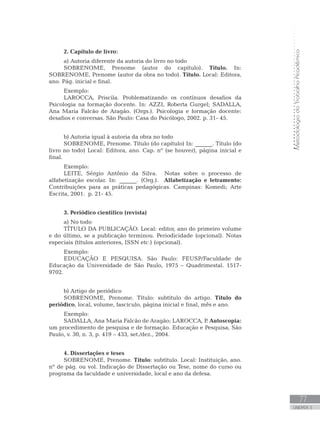 MetodologiadoTrabalhoAcadêmico
77
UNIDADE 3
2. Capítulo de livro:
a) Autoria diferente da autoria do livro no todo
SOBRENOME, Prenome (autor do capítulo). Título. In:
SOBRENOME, Prenome (autor da obra no todo). Título. Local: Editora,
ano. Pág. inicial e final.
Exemplo:
LAROCCA, Priscila. Problematizando os contínuos desafios da
Psicologia na formação docente. In: AZZI, Roberta Gurgel; SADALLA,
Ana Maria Falcão de Aragão. (Orgs.). Psicologia e formação docente:
desafios e conversas. São Paulo: Casa do Psicólogo, 2002. p. 31- 45.
b) Autoria igual à autoria da obra no todo	
SOBRENOME, Prenome. Título (do capítulo) In: ______. Título (do
livro no todo) Local: Editora, ano. Cap. nº (se houver), página inicial e
final.
Exemplo:
LEITE, Sérgio Antônio da Silva. Notas sobre o processo de
alfabetização escolar. In: ______. (Org.). Alfabetização e letramento:
Contribuições para as práticas pedagógicas. Campinas: Komedi; Arte
Escrita, 2001. p. 21- 45.
3. Periódico científico (revista)
a) No todo
TÍTULO DA PUBLICAÇÃO. Local: editor, ano do primeiro volume
e do último, se a publicação terminou. Periodicidade (opcional). Notas
especiais (títulos anteriores, ISSN etc.) (opcional).
Exemplo:
EDUCAÇÃO E PESQUISA. São Paulo: FEUSP/Faculdade de
Educação da Universidade de São Paulo, 1975 – Quadrimestal. 1517-
9702.
b) Artigo de periódico
SOBRENOME, Prenome. Título: subtítulo do artigo. Título do
periódico, local, volume, fascículo, página inicial e final, mês e ano.
Exemplo:
SADALLA, Ana Maria Falcão de Aragão; LAROCCA, P. Autoscopia:
um procedimento de pesquisa e de formação. Educação e Pesquisa, São
Paulo, v. 30, n. 3, p. 419 – 433, set./dez., 2004.
4. Dissertações e teses
SOBRENOME, Prenome. Título: subtítulo. Local: Instituição, ano.
nº de pág. ou vol. Indicação de Dissertação ou Tese, nome do curso ou
programa da faculdade e universidade, local e ano da defesa.
 
