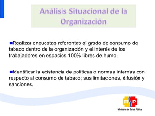 Realizar encuestas referentes al grado de consumo de
tabaco dentro de la organización y el interés de los
trabajadores en espacios 100% libres de humo.


  Identificar la existencia de políticas o normas internas con
respecto al consumo de tabaco; sus limitaciones, difusión y
sanciones.
 