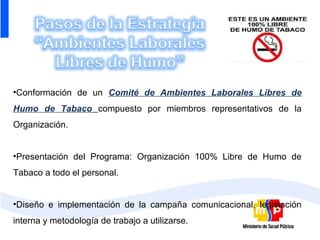 •Conformación de un Comité de Ambientes Laborales Libres de
Humo de Tabaco compuesto por miembros representativos de la
Organización.


•Presentación del Programa: Organización 100% Libre de Humo de
Tabaco a todo el personal.


•Diseño e implementación de la campaña comunicacional, legislación
interna y metodología de trabajo a utilizarse.
 