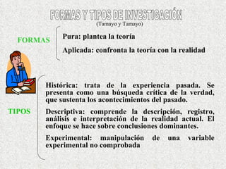 (Tamayo y Tamayo)

             Pura: plantea la teoría
  FORMAS
             Aplicada: confronta la teoría con la realidad



        Histórica: trata de la experiencia pasada. Se
        presenta como una búsqueda crítica de la verdad,
        que sustenta los acontecimientos del pasado.
TIPOS   Descriptiva: comprende la descripción, registro,
        análisis e interpretación de la realidad actual. El
        enfoque se hace sobre conclusiones dominantes.
        Experimental: manipulación         de   una   variable
        experimental no comprobada
 