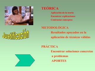 TEÓRICA
Aplicación de la teoría
Encontrar explicaciones
Contrastar conceptos
METODOLÓGICA
Resultados apoyados en la
aplicación de técnicas válidas
PRÁCTICA
Encontrar soluciones concretas
a problemas
APORTES
 