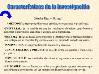 (Ander Egg y Bunge)
*MÉTODICA: tiene procedimientos propios, es organizada y planificada.
•UNIVERSAL: en la medida en que los resultados obtenidos contribuyen a
aumentar el patrimonio científico y cultural de la humanidad.
•SISTEMÁTICA: las ideas, conocimientos e informaciones obtenidas mediante
la investigación se conectan lógicamente entre sí, formando un todo armónico.
•INNOVADORA: es un procedimiento dinámico y creativo.
•CLARA, CONCISA Y PRECISA: se vale de símbolos, palabras, mediciones
y registros.
•COMUNICABLE: los resultados obtenidos se registran y se expresan en un
informe o documento
•APLICABLE: los resultados son útiles y proporcionan aportes concretos que
contribuyen al crecimiento del ser humano en diversos aspectos de la vida.
 