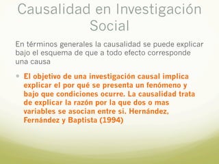 Causalidad en Investigación
Social
En términos generales la causalidad se puede explicar
bajo el esquema de que a todo efecto corresponde
una causa
— El objetivo de una investigación causal implica
explicar el por qué se presenta un fenómeno y
bajo que condiciones ocurre. La causalidad trata
de explicar la razón por la que dos o mas
variables se asocian entre si. Hernández,
Fernández y Baptista (1994)
 
