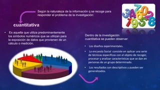 Según la naturaleza de la información q se recoge para
responder el problema de la investigación:
• Es aquella que utiliza predominantemente
los símbolos numéricos que se utilizan para
la exposición de datos que provienen de un
cálculo o medición.
Dentro de la investigación
cuantitativa se pueden observar:
• Los diseños experimentales.
• La encuesta Social :consiste en aplicar una serie
de técnicas específicas con el objeto de recoger,
procesar y analizar características que se dan en
personas de un grupo determinado.
• Los resultados son descriptivos y pueden ser
generalizados.
 