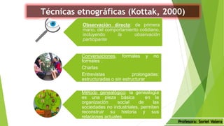 Técnicas etnográficas (Kottak, 2000)
Profesora: Soriel Valera
Observación directa: de primera
mano, del comportamiento cotidiano,
incluyendo la observación
participante
Conversaciones, formales y no
formales .
Charlas
Entrevistas prolongadas:
estructuradas o sin estructurar
Método genealógico: la genealogía
es una pieza básica en la
organización social de las
sociedades no industriales, permiten
reconstruir su historia y sus
relaciones actuales
 