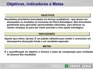20
Resultados prioritários formulados em termos qualitativos - que devem ser
alcançados ou mantidos no horizonte do Plano Estratégico. São formulados
geralmente para aproveitar oportunidades relevantes, para eliminar ou
reduzir ameaças ou para dar maior precisão a uma opção estratégica.
Aquele que indica, denota. É um padrão utilizado para avaliar e comunicar um
desempenho alcançado frente a um resultado esperado.
É a quantificação do objetivo e fornece a base de comparação para avaliação
do alcance dos resultados
OBJETIVOS
Objetivos, indicadores e Metas
INDICADORES
METAS
 