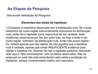 115
Comparar a estatística observada com a distribuição nula. Se o teste
estatístico cai numa região suficientemente improvável da distribuição
nula, então Ho é rejeitado como improvável de ser verdade, dado
evidências observacionais. Se, por outro lado, eu fizer o teste e cair
numa região “ordinária” da distribuição nula, então não posso rejeitar
Ho. Notem apenas que não rejeitar Ho não significa que a hipótese
nula é verdade, apenas que existe INSUFICIENTE evidência para
rejeitar a hipótese Ho. Quando Ho não é rejeitada podemos realmente
dizer que é “Não inconsistente” com os dados observados. Não se
preocupe se você não está entendendo nada sobre a aceitação de
hipóteses porque compreenderá melhor com exemplos.
Elementos dos testes de hipóteses
Discussão Validação da Pesquisa
As Etapas da Pesquisa
 