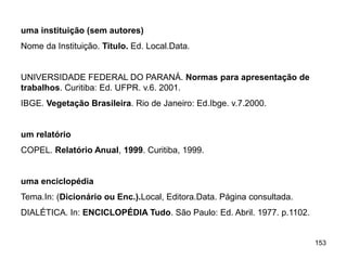 153
uma instituição (sem autores)
Nome da Instituição. Titulo. Ed. Local.Data.
UNIVERSIDADE FEDERAL DO PARANÁ. Normas para apresentação de
trabalhos. Curitiba: Ed. UFPR. v.6. 2001.
IBGE. Vegetação Brasileira. Rio de Janeiro: Ed.Ibge. v.7.2000.
um relatório
COPEL. Relatório Anual, 1999. Curitiba, 1999.
uma enciclopédia
Tema.In: (Dicionário ou Enc.).Local, Editora.Data. Página consultada.
DIALÉTICA. In: ENCICLOPÉDIA Tudo. São Paulo: Ed. Abril. 1977. p.1102.
 