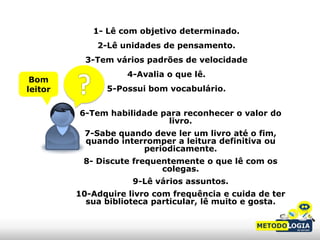 1- Lê com objetivo determinado.
             2-Lê unidades de pensamento.
           3-Tem vários padrões de velocidade
                    4-Avalia o que lê.
 Bom
leitor         5-Possui bom vocabulário.


         6-Tem habilidade para reconhecer o valor do
                            livro.
          7-Sabe quando deve ler um livro até o fim,
          quando interromper a leitura definitiva ou
                      periodicamente.
          8- Discute frequentemente o que lê com os
                           colegas.
                     9-Lê vários assuntos.
         10-Adquire livro com frequência e cuida de ter
           sua biblioteca particular, lê muito e gosta.
 