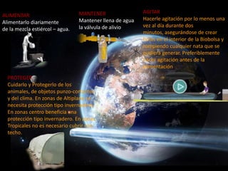 MANTENER                 AGITAR
ALIMENTAR
                                 Mantener llena de agua   Hacerle agitación por lo menos una
Alimentarlo diariamente
                                 la válvula de alivio     vez al día durante dos
de la mezcla estiércol – agua.
                                                          minutos, asegurándose de crear
                                                          holas en el interior de la Biobolsa y
                                                          rompiendo cualquier nata que se
                                                          pudiera generar. Preferiblemente
                                                          hacer agitación antes de la
                                                          alimentación
  PROTEGER
  Cuidarlo y Protegerlo de los
  animales, de objetos punzo-cortantes
  y del clima. En zonas de Altiplano se
  necesita protección tipo invernadero.
  En zonas centro beneficia una
  protección tipo invernadero. En zonas
  Tropicales no es necesario cubrir con
  techo.
 