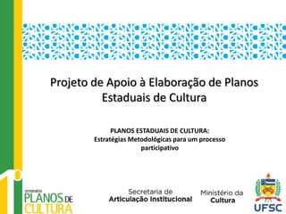 Projeto de Apoio à Elaboração de Planos
          Estaduais de Cultura

              PLANOS ESTADUAIS DE CULTURA:
        Estratégias Metodológicas para um processo
                       participativo
 