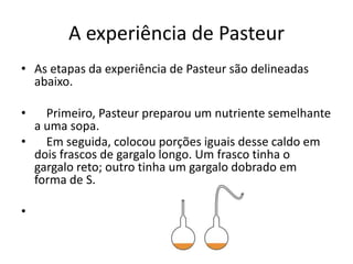 A experiência de Pasteur
• As etapas da experiência de Pasteur são delineadas
  abaixo.

•   Primeiro, Pasteur preparou um nutriente semelhante
  a uma sopa.
•   Em seguida, colocou porções iguais desse caldo em
  dois frascos de gargalo longo. Um frasco tinha o
  gargalo reto; outro tinha um gargalo dobrado em
  forma de S.

•
 