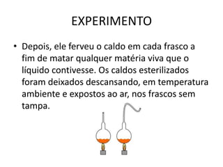 EXPERIMENTO
• Depois, ele ferveu o caldo em cada frasco a
  fim de matar qualquer matéria viva que o
  líquido contivesse. Os caldos esterilizados
  foram deixados descansando, em temperatura
  ambiente e expostos ao ar, nos frascos sem
  tampa.
 