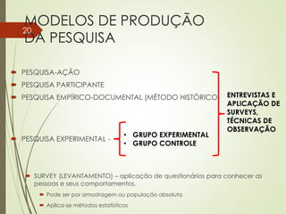 MODELOS DE PRODUÇÃO
DA PESQUISA
 PESQUISA-AÇÃO
 PESQUISA PARTICIPANTE
 PESQUISA EMPÍRICO-DOCUMENTAL (MÉTODO HISTÓRICO)
 PESQUISA EXPERIMENTAL -
 SURVEY (LEVANTAMENTO) – aplicação de questionários para conhecer as
pessoas e seus comportamentos.
 Pode ser por amostragem ou população absoluta
 Aplica-se métodos estatísticos
ENTREVISTAS E
APLICAÇÃO DE
SURVEYS,
TÉCNICAS DE
OBSERVAÇÃO
• GRUPO EXPERIMENTAL
• GRUPO CONTROLE
20
 