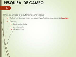 PESQUISA DE CAMPO
Onde acontece o fato/fenômeno/processo
 Coleta de dados e observação do fato/fenômenos/ processo in natura
 Formas:
 Observação direta;
 Levantamento;
 Estudo de caso
24
 