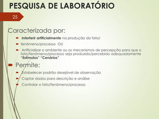 PESQUISA DE LABORATÓRIO
Caracterizada por:
 Interferir artificialmente na produção do fato/
 fenômeno/processo OU
 Artificializar o ambiente ou os mecanismos de percepção para que o
fato/fenômeno/processo seja produzido/percebido adequadamente
“Estímulos” “Cenários”
 Permite:
 Estabelecer padrão desejável de observação
 Captar dados para descrição e análise
 Controlar o fato/fenômeno/processo
25
 