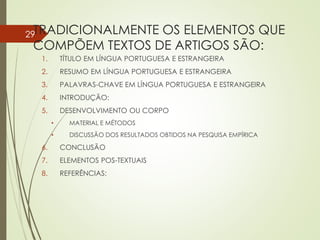 TRADICIONALMENTE OS ELEMENTOS QUE
COMPÕEM TEXTOS DE ARTIGOS SÃO:
1. TÍTULO EM LÍNGUA PORTUGUESA E ESTRANGEIRA
2. RESUMO EM LÍNGUA PORTUGUESA E ESTRANGEIRA
3. PALAVRAS-CHAVE EM LÍNGUA PORTUGUESA E ESTRANGEIRA
4. INTRODUÇÃO:
5. DESENVOLVIMENTO OU CORPO
• MATERIAL E MÉTODOS
• DISCUSSÃO DOS RESULTADOS OBTIDOS NA PESQUISA EMPÍRICA
6. CONCLUSÃO
7. ELEMENTOS POS-TEXTUAIS
8. REFERÊNCIAS:
29
 