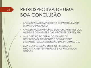 RETROSPECTIVA DE UMA
BOA CONCLUSÃO
• APRESENTAÇÃO DA PERGUNTA DE PARTIDA EM SUA
ÚLTIMA FORMULAÇÃO
• APRESENTAÇÃO PRINCIPAL DOS FUNDAMENTOS DOS
MODELOS DE ANÁLISE E DAS HIPÓTESES DE PESQUISA
• UMA DESCRIÇÃO GERAL DO CAMPO DE
OBSERVAÇÃO, DAS FONTES E DOS MÉTODOS
UTILIZADOS PARA A OBTENÇÃO DAS INFORMAÇÕES
• UMA COMPARAÇÃO ENTRE OS RESULTADOS
HIPOTETICAMENTE ESPERADOS E OS RESULTADOS
OBTIDOS
32
 