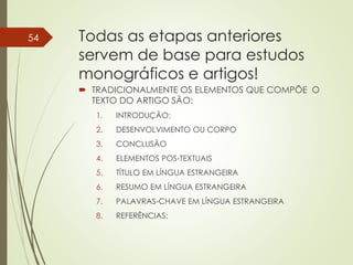 Todas as etapas anteriores
servem de base para estudos
monográficos e artigos!
 TRADICIONALMENTE OS ELEMENTOS QUE COMPÕE O
TEXTO DO ARTIGO SÃO:
1. INTRODUÇÃO:
2. DESENVOLVIMENTO OU CORPO
3. CONCLUSÃO
4. ELEMENTOS POS-TEXTUAIS
5. TÍTULO EM LÍNGUA ESTRANGEIRA
6. RESUMO EM LÍNGUA ESTRANGEIRA
7. PALAVRAS-CHAVE EM LÍNGUA ESTRANGEIRA
8. REFERÊNCIAS:
54
 