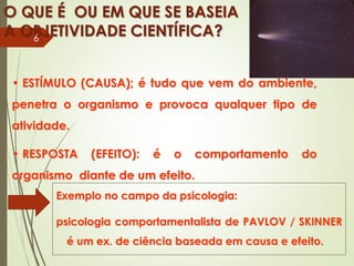 O QUE É OU EM QUE SE BASEIA
A OBJETIVIDADE CIENTÍFICA?
Exemplo no campo da psicologia:
psicologia comportamentalista de PAVLOV / SKINNER
é um ex. de ciência baseada em causa e efeito.
• ESTÍMULO (CAUSA); é tudo que vem do ambiente,
penetra o organismo e provoca qualquer tipo de
atividade.
• RESPOSTA (EFEITO): é o comportamento do
organismo diante de um efeito.
6
 