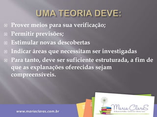  Prover meios para sua verificação;
 Permitir previsões;
 Estimular novas descobertas
 Indicar áreas que necessitam ser investigadas
 Para tanto, deve ser suficiente estruturada, a fim de
que as explanações oferecidas sejam
compreensíveis.
 