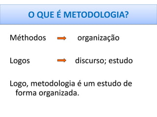 O QUE É METODOLOGIA?

Méthodos         organização

Logos            discurso; estudo

Logo, metodologia é um estudo de
 forma organizada.
 
