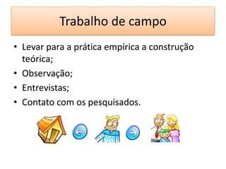Trabalho de campo
• Levar para a prática empírica a construção
  teórica;
• Observação;
• Entrevistas;
• Contato com os pesquisados.
 