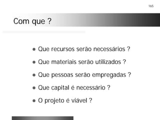 165
Com que ?Com que ?
! Que recursos serão necessários ?
! Que materiais serão utilizados ?
! Que pessoas serão empregadas ?
! Que capital é necessário ?
! O projeto é viável ?
 