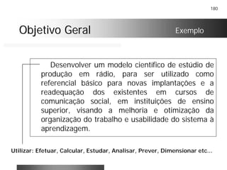 180
Objetivo GeralObjetivo Geral
Desenvolver um modelo científico de estúdio de
produção em rádio, para ser utilizado como
referencial básico para novas implantações e a
readequação dos existentes em cursos de
comunicação social, em instituições de ensino
superior, visando a melhoria e otimização da
organização do trabalho e usabilidade do sistema à
aprendizagem.
Exemplo
Utilizar: Efetuar, Calcular, Estudar, Analisar, Prever, Dimensionar etc...
 