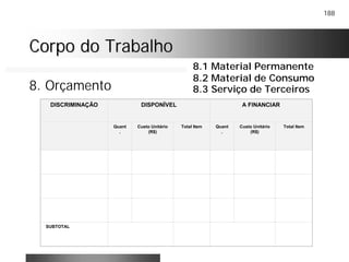 188
Corpo do TrabalhoCorpo do Trabalho
8. Orçamento
DISCRIMINAÇÃO DISPONÍVEL A FINANCIAR
Quant
.
Custo Unitário
(R$)
Total Item Quant
.
Custo Unitário
(R$)
Total Item
SUBTOTAL
8.2 Material de Consumo
8.1 Material Permanente
8.3 Serviço de Terceiros
 