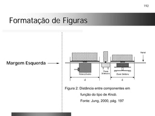 192
Formatação de FigurasFormatação de Figuras
Margem Esquerda
Figura 2: Distância entre componentes em
função do tipo de Knob.
Fonte: Jung, 2000, pág. 197
 