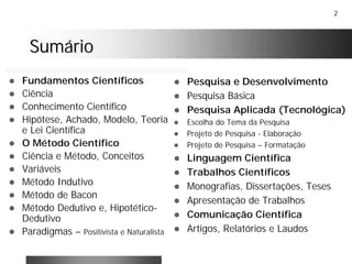 2
SumárioSumário
! Fundamentos Científicos
! Ciência
! Conhecimento Científico
! Hipótese, Achado, Modelo, Teoria
e Lei Científica
! O Método Científico
! Ciência e Método, Conceitos
! Variáveis
! Método Indutivo
! Método de Bacon
! Método Dedutivo e, Hipotético-
Dedutivo
! Paradigmas – Positivista e Naturalista
! Pesquisa e Desenvolvimento
! Pesquisa Básica
! Pesquisa Aplicada (Tecnológica)
! Escolha do Tema da Pesquisa
! Projeto de Pesquisa - Elaboração
! Projeto de Pesquisa – Formatação
! Linguagem Científica
! Trabalhos Científicos
! Monografias, Dissertações, Teses
! Apresentação de Trabalhos
! Comunicação Científica
! Artigos, Relatórios e Laudos
 