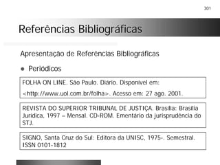 301
Referências BibliográficasReferências Bibliográficas
Apresentação de Referências Bibliográficas
! Periódicos
FOLHA ON LINE. São Paulo. Diário. Disponível em:
<http://www.uol.com.br/folha>. Acesso em: 27 ago. 2001.
REVISTA DO SUPERIOR TRIBUNAL DE JUSTIÇA. Brasília: Brasília
Jurídica, 1997 – Mensal. CD-ROM. Ementário da jurisprudência do
STJ.
SIGNO, Santa Cruz do Sul: Editora da UNISC, 1975-. Semestral.
ISSN 0101-1812
 