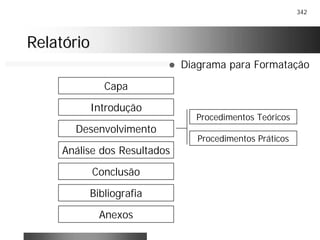 342
RelatórioRelatório
! Diagrama para Formatação
Capa
Introdução
Desenvolvimento
Procedimentos Teóricos
Procedimentos Práticos
Análise dos Resultados
Anexos
Bibliografia
Conclusão
 