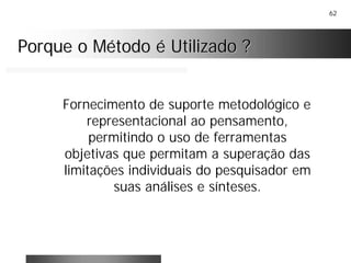 62
Porque o Método é Utilizado ?Porque o Método é Utilizado ?
Fornecimento de suporte metodológico e
representacional ao pensamento,
permitindo o uso de ferramentas
objetivas que permitam a superação das
limitações individuais do pesquisador em
suas análises e sínteses.
 