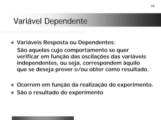 69
Variável DependenteVariável Dependente
! Variáveis Resposta ou Dependentes:
São aquelas cujo comportamento se quer
verificar em função das oscilações das variáveis
independentes, ou seja, correspondem àquilo
que se deseja prever e/ou obter como resultado.
! Ocorrem em função da realização do experimento.
! São o resultado do experimento
 