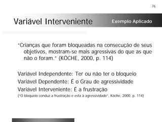 76
Variável IntervenienteVariável Interveniente
“Crianças que foram bloqueadas na consecução de seus
objetivos, mostram-se mais agressivas do que as que
não o foram.” (KÖCHE, 2000, p. 114)
Variável Independente: Ter ou não ter o bloqueio
Variável Dependente: É o Grau de agressividade
Variável Interveniente: É a frustração
(“O bloqueio conduz a frustração e esta à agressividade”, Köche, 2000, p. 114)
Exemplo Aplicado
 