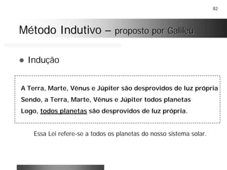 82
Método IndutivoMétodo Indutivo –– proposto por Galileuproposto por Galileu
! Indução
A Terra, Marte, Vênus e Júpiter são desprovidos de luz própria
Sendo, a Terra, Marte, Vênus e Júpiter todos planetas
Logo, todos planetas são desprovidos de luz própria.
Essa Lei refere-se a todos os planetas do nosso sistema solar.
 