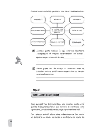 108
Observe o quadro abaixo, que ilustra esta forma de delineamento.
BIBLIOGRÁFICA DOCUMENTAL EXPERIMENTAL
PESQUISA PARTICIPANTE
DO PONTO DE VISTA
DA ABORDAGEM DO
PROBLEMA
ESTUDO DE CASO
LEVANTAMENTO SURVERY PESQUISA EX-POST-FACTO PESQUISA-AÇÃO
PESQUISA PARTICIPANTE
DO PONTO DE VISTA
Atento ao que foi mostrado até aqui como você classificaria
a sua pesquisa em relação à flexibilidade de seus alunos?
Quantoaosprocedimentostécnicos_____________________
__________________________________________________
__________________________________________________
Forme grupos de três colegas e comentem sobre os
caminhos a serem seguidos em suas pesquisas, no tocante
ao seu delineamento.
__________________________________________________
__________________________________________________
SEÇÃO 3
PLANEJAMENTO DA PESQUISA
Agora que você viu o delineamento de uma pesquisa, atenha-se na
questão do seu planejamento. Esse momento é considerado como
significativo, pois ele antecede ao projeto propriamente dito.
Para conhecer o significado da palavra planejamento, faça uso de
um dicionário, ou ainda, aprofunde-se em leituras no intuito de
1
2
 