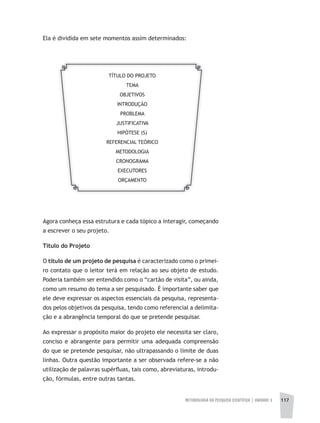 METODOLOGIA DA PESQUISA CIENTÍFICA | UNIDADE 3 117
TÍTULO DO PROJETO
TEMA
OBJETIVOS
INTRODUÇÃO
PROBLEMA
JUSTIFICATIVA
HIPÓTESE (S)
REFERENCIAL TEÓRICO
METODOLOGIA
CRONOGRAMA
EXECUTORES
ORÇAMENTO
Agora conheça essa estrutura e cada tópico a interagir, começando
a escrever o seu projeto.
Título do Projeto
O título de um projeto de pesquisa é caracterizado como o primei-
ro contato que o leitor terá em relação ao seu objeto de estudo.
Poderia também ser entendido como o “cartão de visita”, ou ainda,
como um resumo do tema a ser pesquisado. É importante saber que
ele deve expressar os aspectos essenciais da pesquisa, representa-
dos pelos objetivos da pesquisa, tendo como referencial a delimita-
ção e a abrangência temporal do que se pretende pesquisar.
Ao expressar o propósito maior do projeto ele necessita ser claro,
conciso e abrangente para permitir uma adequada compreensão
do que se pretende pesquisar, não ultrapassando o limite de duas
linhas. Outra questão importante a ser observada refere-se a não
utilização de palavras supérfluas, tais como, abreviaturas, introdu-
ção, fórmulas, entre outras tantas.
Ela é dividida em sete momentos assim determinados:
 