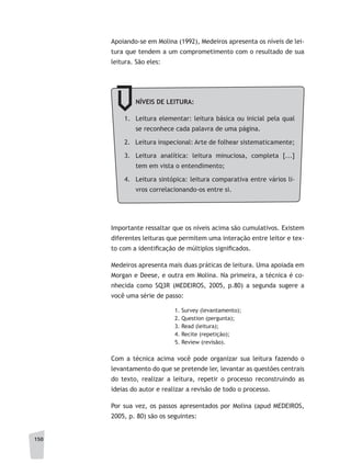 150
Apoiando-se em Molina (1992), Medeiros apresenta os níveis de lei-
tura que tendem a um comprometimento com o resultado de sua
leitura. São eles:
Importante ressaltar que os níveis acima são cumulativos. Existem
diferentes leituras que permitem uma interação entre leitor e tex-
to com a identificação de múltiplos significados.
Medeiros apresenta mais duas práticas de leitura. Uma apoiada em
Morgan e Deese, e outra em Molina. Na primeira, a técnica é co-
nhecida como SQ3R (MEDEIROS, 2005, p.80) a segunda sugere a
você uma série de passo:
1. Survey (levantamento);
2. Question (pergunta);
3. Read (leitura);
4. Recite (repetição);
5. Review (revisão).
Com a técnica acima você pode organizar sua leitura fazendo o
levantamento do que se pretende ler, levantar as questões centrais
do texto, realizar a leitura, repetir o processo reconstruindo as
ideias do autor e realizar a revisão de todo o processo.
Por sua vez, os passos apresentados por Molina (apud MEDEIROS,
2005, p. 80) são os seguintes:
NÍVEIS DE LEITURA:
1. 	 Leitura elementar: leitura básica ou inicial pela qual
se reconhece cada palavra de uma página.
2. Leitura inspecional: Arte de folhear sistematicamente;
3. 	 Leitura analítica: leitura minuciosa, completa [...]
tem em vista o entendimento;
4. 	 Leitura sintópica: leitura comparativa entre vários li-
vros correlacionando-os entre si.
 