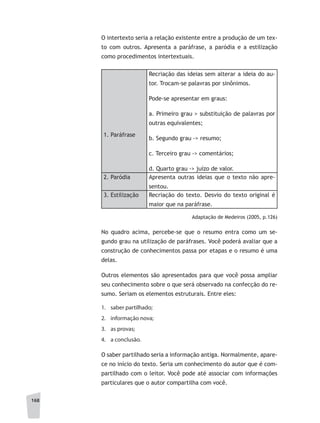 168
O intertexto seria a relação existente entre a produção de um tex-
to com outros. Apresenta a paráfrase, a paródia e a estilização
como procedimentos intertextuais.
1. Paráfrase
Recriação das ideias sem alterar a ideia do au-
tor. Trocam-se palavras por sinônimos.
Pode-se apresentar em graus:
a. Primeiro grau > substituição de palavras por
outras equivalentes;
b. Segundo grau -> resumo;
c. Terceiro grau -> comentários;
d. Quarto grau -> juízo de valor.
2. Paródia Apresenta outras ideias que o texto não apre-
sentou.
3. Estilização Recriação do texto. Desvio do texto original é
maior que na paráfrase.
Adaptação de Medeiros (2005, p.126)
No quadro acima, percebe-se que o resumo entra como um se-
gundo grau na utilização de paráfrases. Você poderá avaliar que a
construção de conhecimentos passa por etapas e o resumo é uma
delas.
Outros elementos são apresentados para que você possa ampliar
seu conhecimento sobre o que será observado na confecção do re-
sumo. Seriam os elementos estruturais. Entre eles:
1.	 saber partilhado;
2.	 informação nova;
3.	 as provas;
4.	 a conclusão.
O saber partilhado seria a informação antiga. Normalmente, apare-
ce no início do texto. Seria um conhecimento do autor que é com-
partilhado com o leitor. Você pode até associar com informações
particulares que o autor compartilha com você.
 