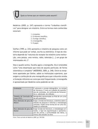 METODOLOGIA DA PESQUISA CIENTÍFICA | unidade 4 175
Medeiros (2005, p. 247) apresenta o termo “trabalhos científi-
cos” para designar um relatório. Entre as formas mais conhecidas
estariam:
1. A resenha;
2. O informe científico;
3. O artigo científico;
4. A monografia;
5. O paper.
Steffan (1999, p. 233) apresenta o relatório de pesquisa como um
informe que pode ser verbal, escrito ou eletrônico. O tipo do rela-
tório depende da “natureza do receptor do relatório (uma institui-
ção, uma pessoa, uma revista, rádio, televisão [...] um grupo de
interessados etc.)”.
Veja o quadro acima. Escolha agora a monografia. Ela é entendida
como “uma dissertação que trata de assunto particular, de forma
sistemática e completa” (MEDEIROS, 2005, p. 248). Entre os recep-
tores apontados por Stefan, adote as instituições superiores, que
exigem a confecção de uma monografia para que o discente receba
a titulação referente ao curso que está frequentando. A monografia
é apresentada por Medeiros como podendo ser de:
Quais as formas que um relatório pode assumir?
Graduação É suficiente a revisão bibliográfica, ou revisão
de literatura. É mais um trabalho de assimila-
ção de conteúdos, de confecção de fichamen-
tos e, sobretudo, de reflexão.
Trabalho de Conclusão de
Curso (TCC)
Monografias apresentadas ao final de um curso
de pós-graduação.
Para obtenção de grau de
Mestre
Exige a revisão de literatura, o domínio sobre o
método de pesquisa e informar a metodologia
utilizada. Expõe novas formas de ver uma rea-
lidade já conhecida.
Para obtenção do grau de
Doutor
Exige revisão de literatura, a metodologia uti-
lizada, o rigor da argumentação e apresenta-
ção das provas, a profundidade das ideias, o
avanço dos estudos na área.
Fonte: Texto extraído de Medeiros (2005, pp. 249-250)
 