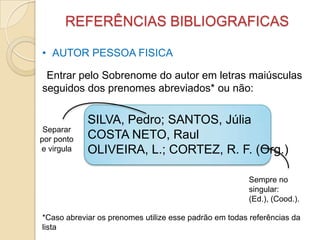 REFERÊNCIAS BIBLIOGRAFICAS
• AUTOR PESSOA FISICA
Entrar pelo Sobrenome do autor em letras maiúsculas
seguidos dos prenomes abreviados* ou não:
SILVA, Pedro; SANTOS, Júlia
COSTA NETO, Raul
OLIVEIRA, L.; CORTEZ, R. F. (Org.)
Separar
por ponto
e virgula
Sempre no
singular:
(Ed.), (Cood.).
*Caso abreviar os prenomes utilize esse padrão em todas referências da
lista
 