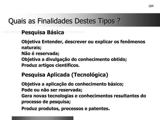 184
Quais as Finalidades Destes Tipos ?
Quais as Finalidades Destes Tipos ?
Pesquisa Básica
Objetiva Entender, descrever ou explicar os fenômenos
naturais;
Não é reservada;
Objetiva a divulgação do conhecimento obtido;
Produz artigos científicos.
Pesquisa Aplicada (Tecnológica)
Objetiva a aplicação do conhecimento básico;
Pode ou não ser reservada;
Gera novas tecnologias e conhecimentos resultantes do
processo de pesquisa;
Produz produtos, processos e patentes.
 