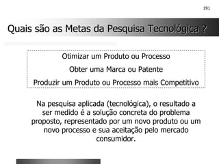 191
Quais são as Metas da Pesquisa Tecnológica ?
Quais são as Metas da Pesquisa Tecnológica ?
Otimizar um Produto ou Processo
Obter uma Marca ou Patente
Produzir um Produto ou Processo mais Competitivo
Na pesquisa aplicada (tecnológica), o resultado a
ser medido é a solução concreta do problema
proposto, representado por um novo produto ou um
novo processo e sua aceitação pelo mercado
consumidor.
 