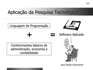 193
Aplicação da Pesquisa Tecnológica
Aplicação da Pesquisa Tecnológica
Linguagem de Programação
Conhecimentos básicos de
administração, economia e
contabilidade
+ = Software Aplicado
para Gestão Empresarial
 