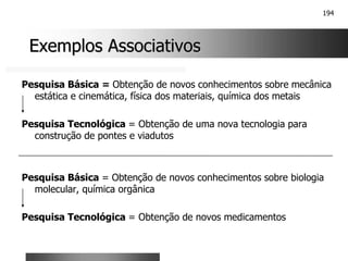194
Exemplos Associativos
Exemplos Associativos
Pesquisa Básica = Obtenção de novos conhecimentos sobre mecânica
estática e cinemática, física dos materiais, química dos metais
Pesquisa Tecnológica = Obtenção de uma nova tecnologia para
construção de pontes e viadutos
Pesquisa Básica = Obtenção de novos conhecimentos sobre biologia
molecular, química orgânica
Pesquisa Tecnológica = Obtenção de novos medicamentos
 