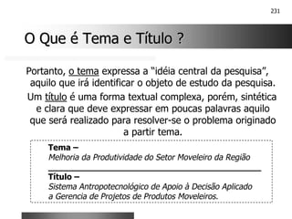 231
O Que é Tema e Título ?
O Que é Tema e Título ?
Portanto, o tema expressa a “idéia central da pesquisa”,
aquilo que irá identificar o objeto de estudo da pesquisa.
Um título é uma forma textual complexa, porém, sintética
e clara que deve expressar em poucas palavras aquilo
que será realizado para resolver-se o problema originado
a partir tema.
Tema –
Melhoria da Produtividade do Setor Moveleiro da Região
_________________________________________
Título –
Sistema Antropotecnológico de Apoio à Decisão Aplicado
a Gerencia de Projetos de Produtos Moveleiros.
 